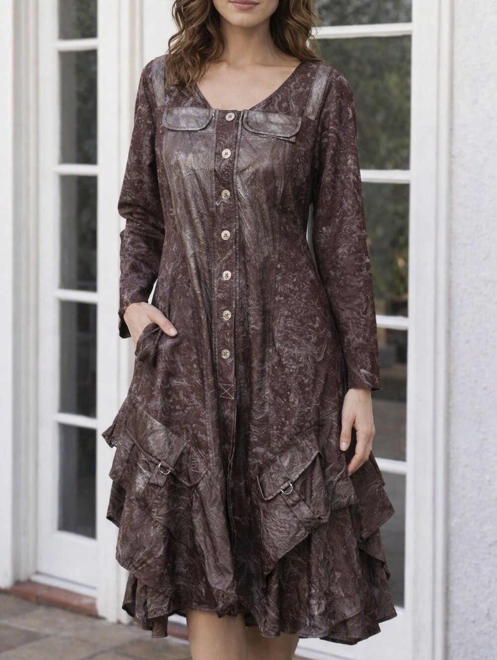 Y2K Steampunk Vintage Lace Goth  Crinkled Faux Leather  Button Front Dress. XL